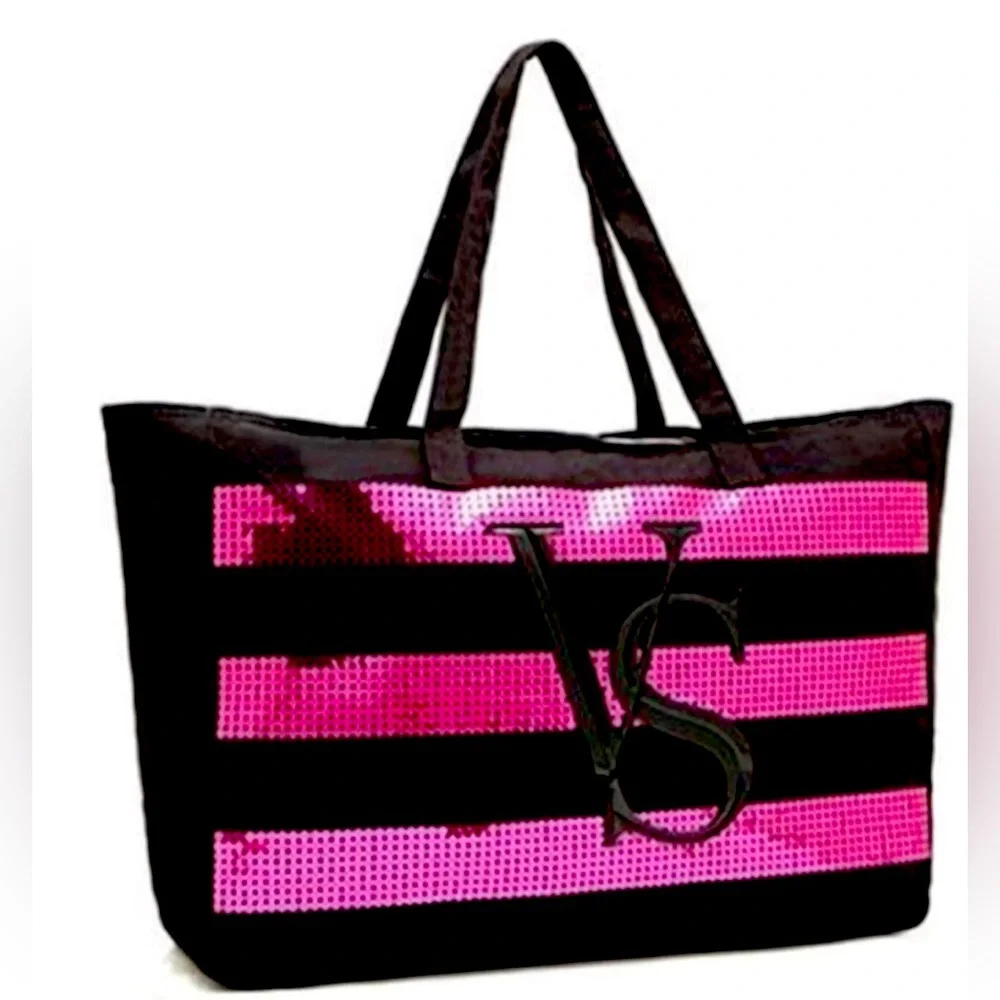 Victoria's Secret NWOT  Canvas Tote Bag with Pink Sequin Stripes and Zipper